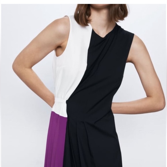 ZARA Women Pleated Patchwork Dress Navy Blue M - Picture 5 of 12